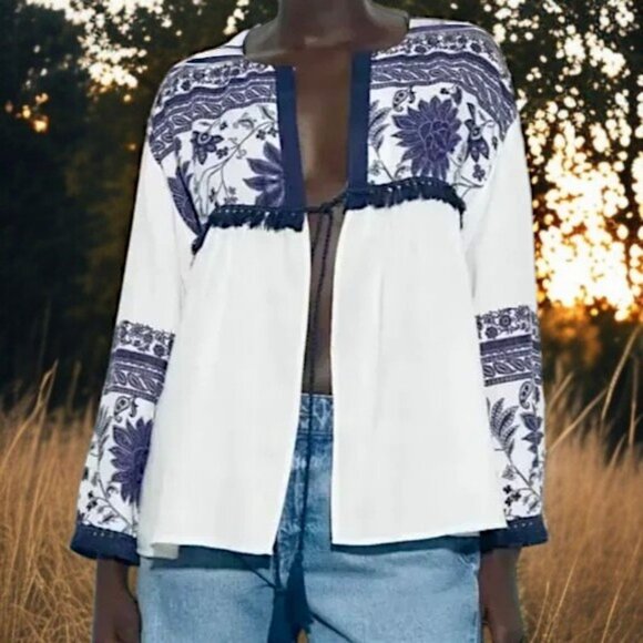 Zara Gauze Flower Print Tassle Cardigan - Picture 1 of 11